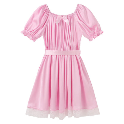 Sissy Mini Nightdress for Men Frilly Ruffle Square Neck Bowknot Lace Trim Satin Ruffle Nightdress Light Pink One Size