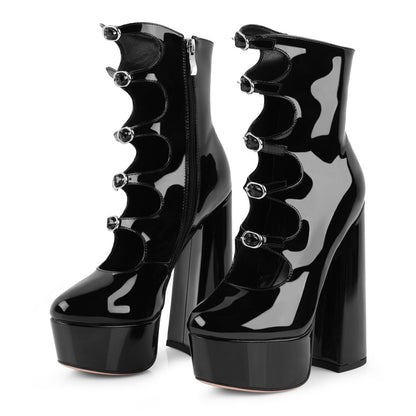 Black Platform Boots for Women, Black Patent Leather Chunky Platform Heels Goth Boots, Strap Buckle Side Zipper Gothic Block Heels