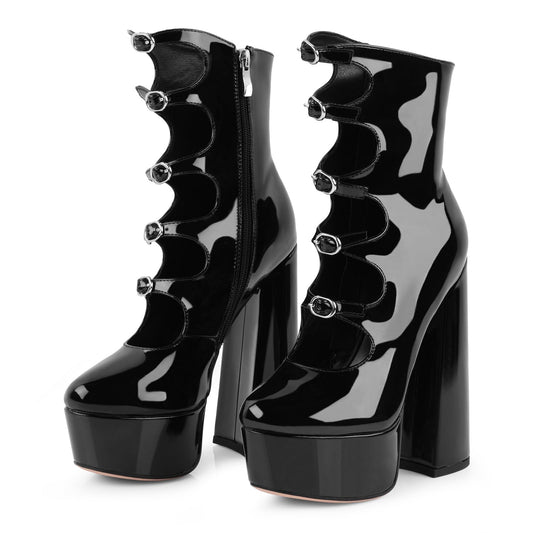 Black Platform Boots for Women, Black Patent Leather Chunky Platform Heels Goth Boots, Strap Buckle Side Zipper Gothic Block Heels