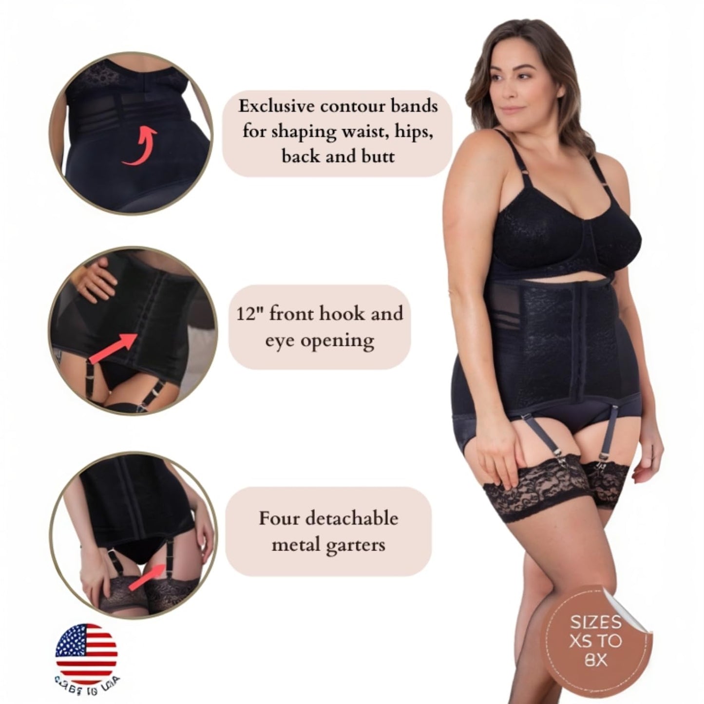 Rago Style 21 Waist Trainer Girdle with Garters | Firm Control Power Net | Made in USA | Contour Bands + Flexible Boning | Black / 2X/34