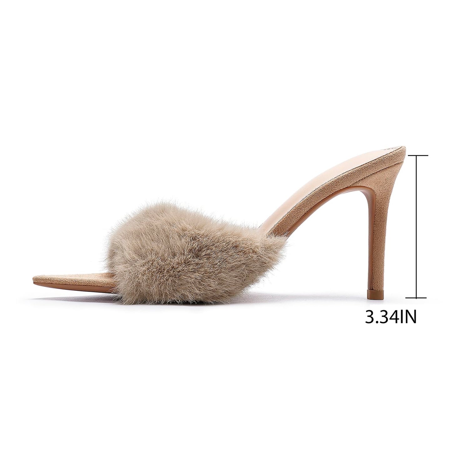 BOEGBNW Women'S Pointed Open-Toe Stiletto Cute Fuzzy Slide Sandals Sexy Slip On High Heel Feather Mules Wedding Birthday Bridal Party Dress Backless Slipper Pumps (Apricot,9)
