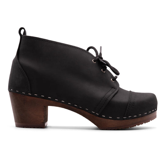 Sandgrens Handmade Swedish Wood Clogs for Women, High Heel Boots US 7 | Chukka Cap Toe Black DK, EU 38