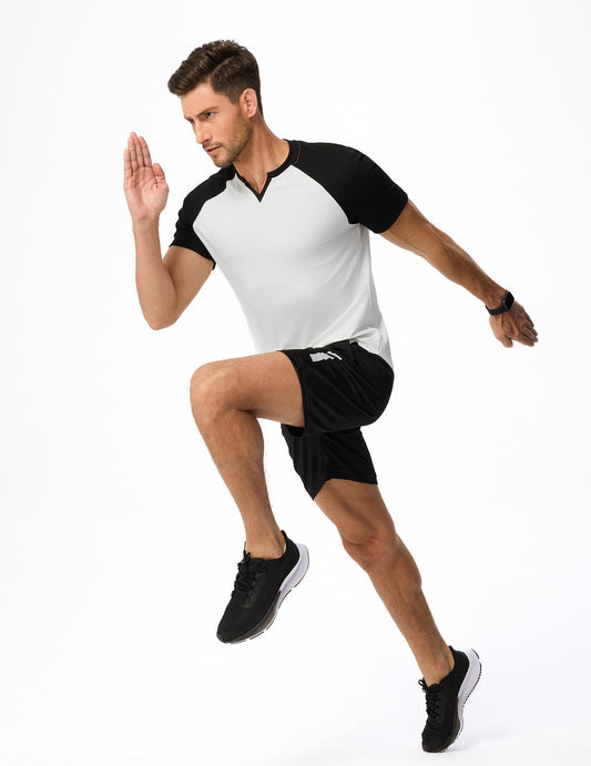 JMIERR Mens V-Neck Muscle Henley Shirt Patchwork Workout Gym Athletic Shirts Summer Fashion Short Sleeve Shirt for Men, M