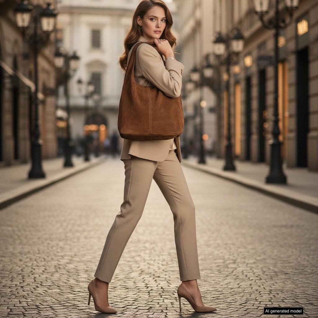 Italian Genuine Suede Hobo Handbag for Women, Large Slouchy (Mocha)