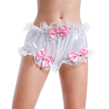 Women Sissy Bow Shiny Satin Lace Panties