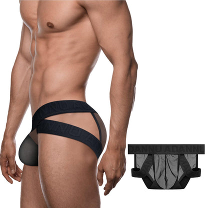 Meshal Sheer Men's Double Belt Bikini Briefs Silky Smooth Sexy Seamless Lingerie See Through Bulge Ball Pouch Underwear Black M