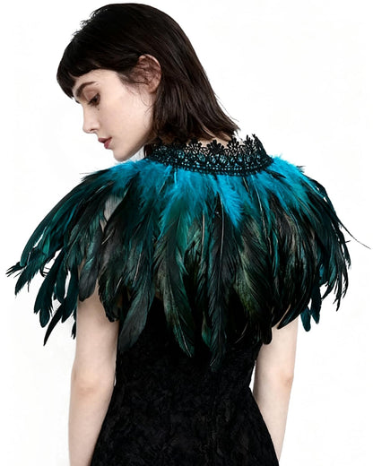 Women's Feather Collar Cape Shawl Gothic Witch Raven Peacock Costume, Blue