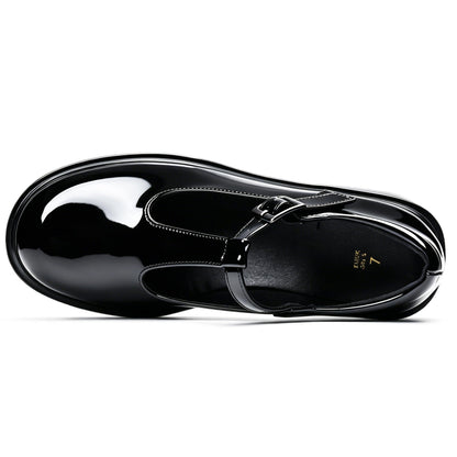 SHOOVA Black T-Strap Mary Jane Shoes for Women, Round Toe Block Heel Platform Patent Leather Dress Pumps