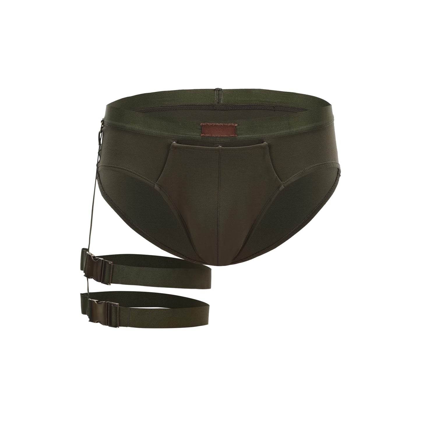 BSZN Men's Sexy Briefs, Army Green Detachable Leg Strap Sexy Men Underwear, Mid High Rise Front Snap Open Pouch Vintage Metal Role Play Sexy Lingerie from L-Night Authority Badge Collection