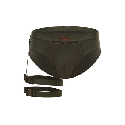 BSZN Men's Sexy Briefs, Army Green Detachable Leg Strap Sexy Men Underwear, Mid High Rise Front Snap Open Pouch Vintage Metal Role Play Sexy Lingerie from L-Night Authority Badge Collection