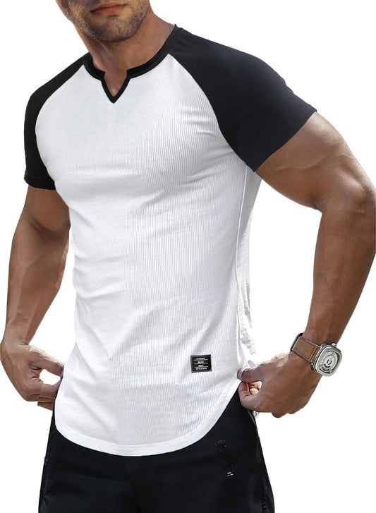 JMIERR Mens V-Neck Muscle Henley Shirt Patchwork Workout Gym Athletic Shirts Summer Fashion Short Sleeve Shirt for Men, M