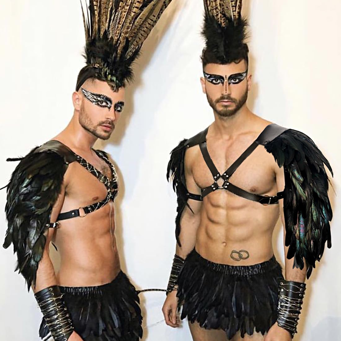 Gothic Men's Feather Shoulder Piece Punk Leather Harness, Black