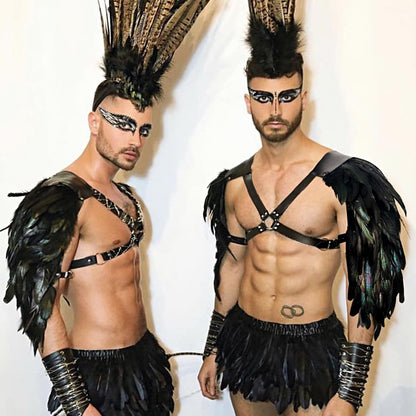 Gothic Men's Feather Shoulder Piece Punk Leather Harness, Black