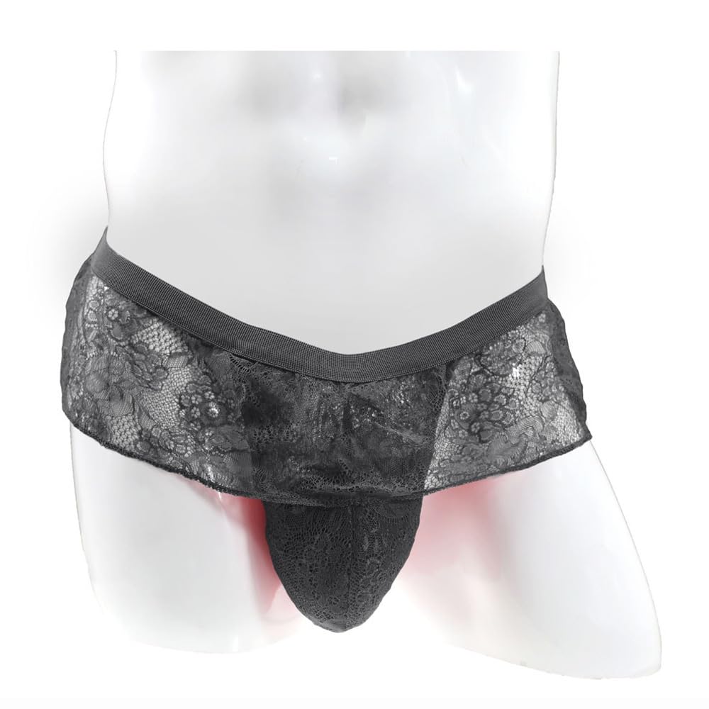Mens Thong Underwear, Mini Skirt Thongs, Male Frilly Lace Sissy Panties, Feminine G-String Gay Lingerie for Men (Black 2)