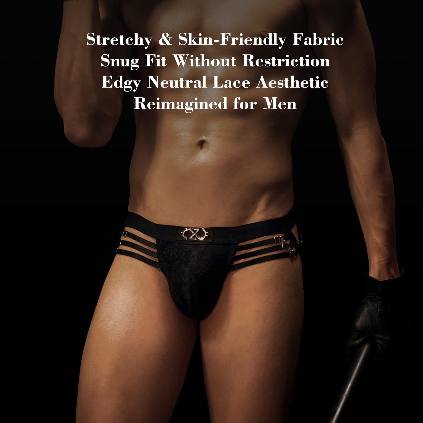 BSZN Men's Adjustable Strap Jockstrap, Black Floral Lace Pouch Underwear, Mid Rise Tight Fit Multi Metal Buckle Briefs from Midnight Visitor Collection