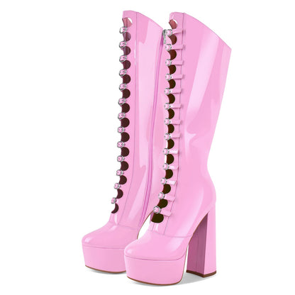 Knee High Chunky Heels Platform High Heel Multiple Buckles Boots Pink Size9.5