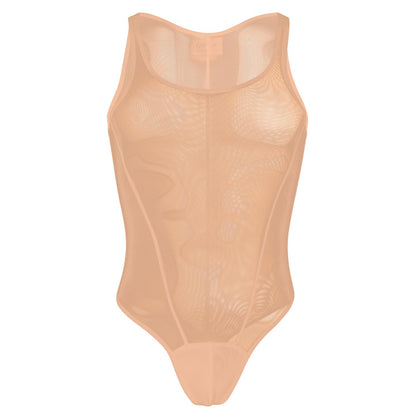 ABAFIP Men's Mesh Undershirts Bodysuit Sleeveless Sheer Tank Top Jumpsuit Fitness Mankini Jumpsuit Singlet Rave Tanks Apricot X-Large