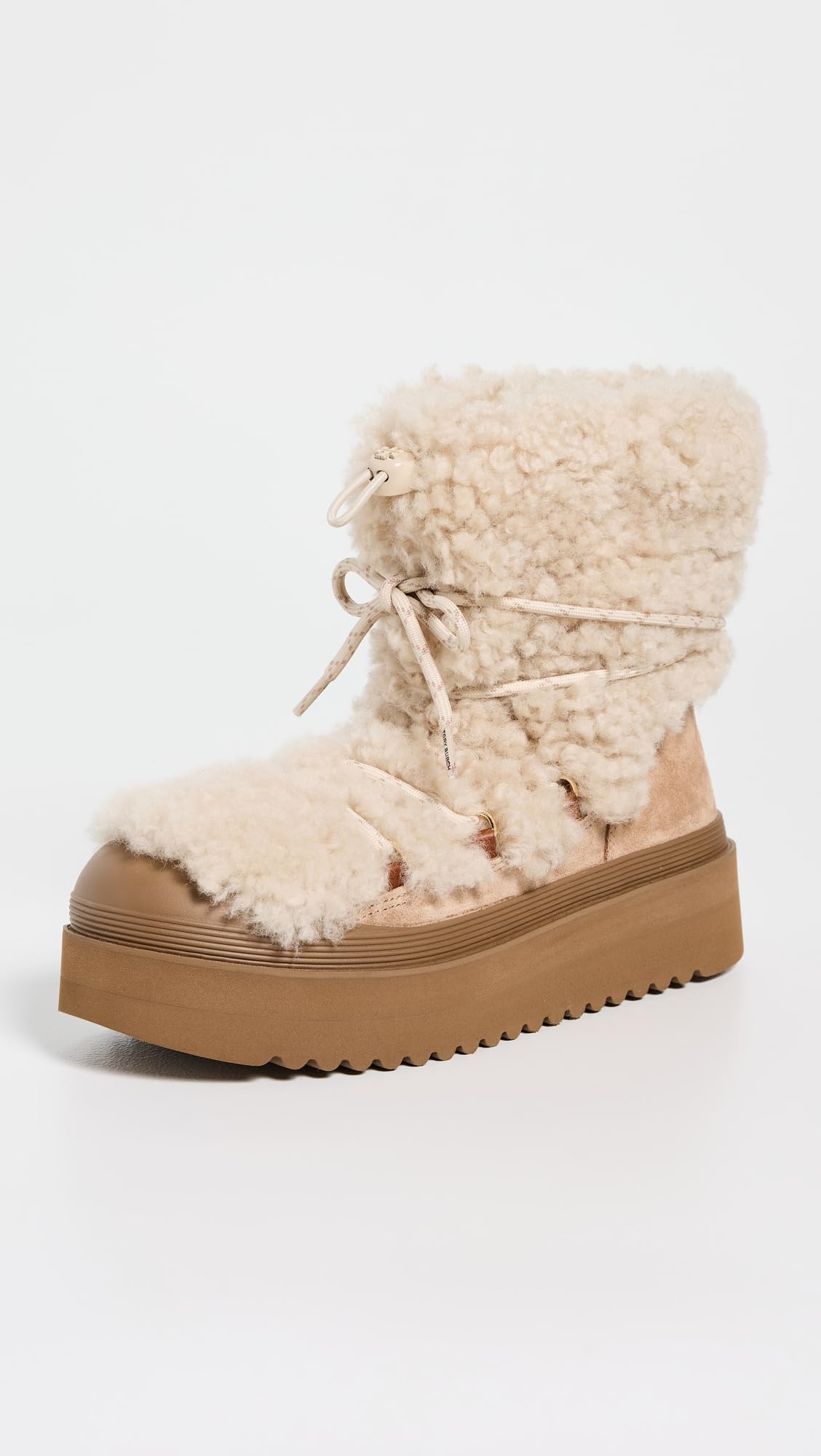 Tory Burch Women's Mellow Shearling Lace Up Boots, Buttermilk/Light Chestnut, 10 Medium US