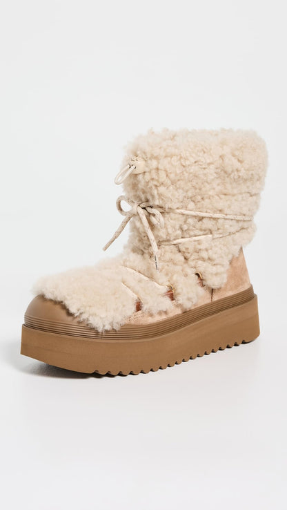 Tory Burch Women's Mellow Shearling Lace Up Boots, Buttermilk/Light Chestnut, 10 Medium US