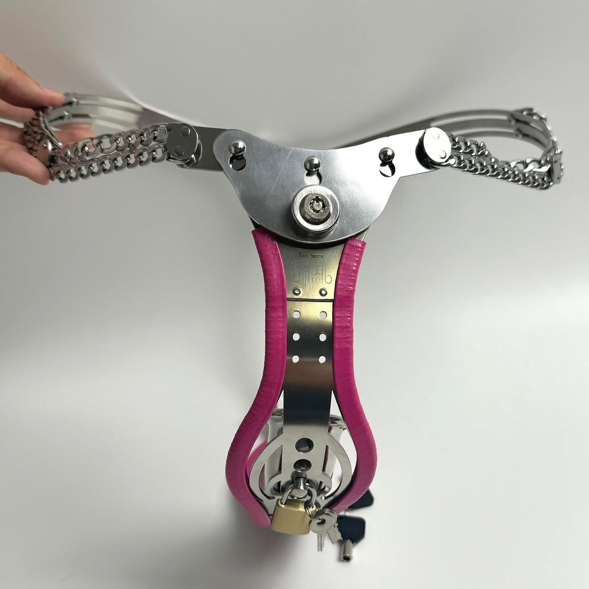 Male Adjustable Chastity Belt with Hole Push-Lock Design Removable Cage Dual Adjustable Waist and Crotch Stainless Steel Adult Sex Toy SM Invisible Underwear (Pink 87-122cm)
