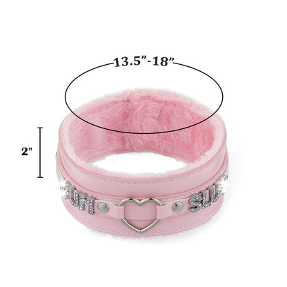 Pink Furry Heart O-ring Leather Choker For Women, Adjusted to 13.5"-18"