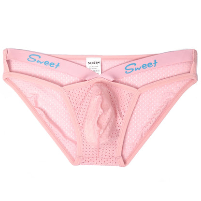 WEIMZC Ice Silk Men’s Sexy Thong Underwear – Breathable Mesh G String with “Sweet” Embroidery, Soft Sexy Lingerie Briefs for Men（DPink-M）