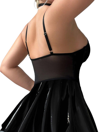 Foxiny Sexy Strappy Leather Underwire Choker Garter Belt Mini Lingerie Set Dress with Thong 3 Piece Women Latex Push Up Night Wear Outfits Pu Black Medium