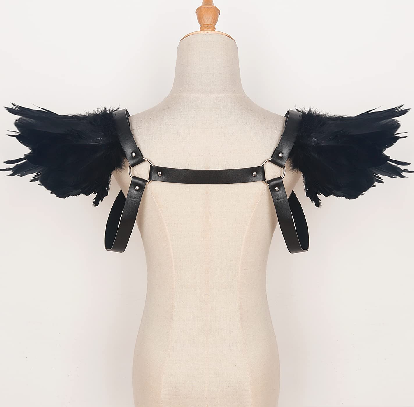 Men Vintage Natural Real Feather Epaulet Shrug Leather Belt Shoulder Strap for Halloween Costume, Belt Black