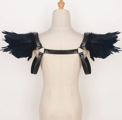 Men Vintage Natural Real Feather Epaulet Shrug Leather Belt Shoulder Strap for Halloween Costume, Belt Black
