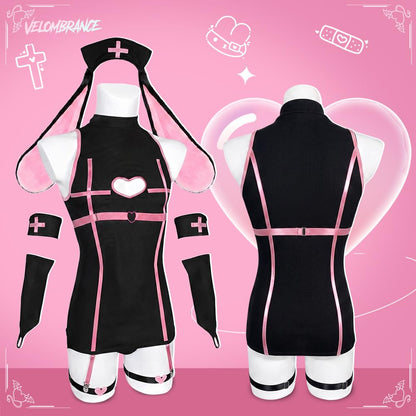 Men Bunny Nurse Set Kawaii Cosplay Lingerie Bodysuit (Black, S)