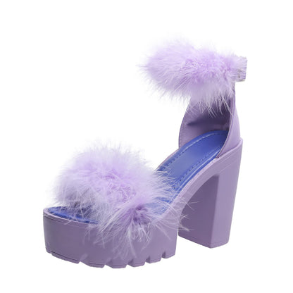 Women'S Faux Fur Chunky Heel Sandals Platform Open Toe Fuzzy Ankle Strap Sexy Colorful Wedding Dress Heels(Purple,8