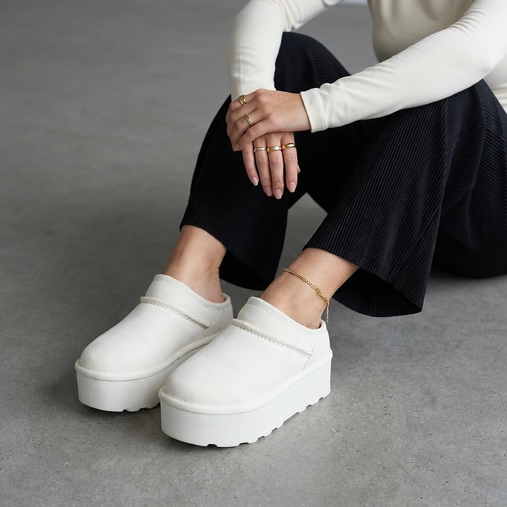 CUSHIONAIRE Huggy-2 Platform Slippers for Women, Cozy Genuine Suede Slip-On Ankle Boots for Indoor Outdoor Wear, Womens Slippers, OFF WHITE 9W
