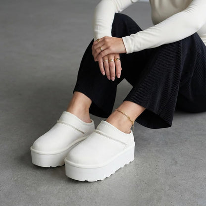 CUSHIONAIRE Huggy-2 Platform Slippers for Women, Cozy Genuine Suede Slip-On Ankle Boots for Indoor Outdoor Wear, Womens Slippers, OFF WHITE 9W