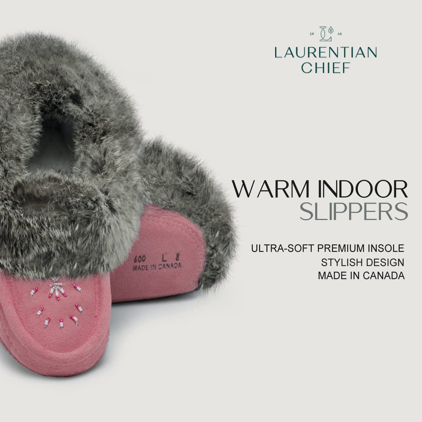 Laurentian Chief Moccasin Slippers for Woman - Orlon Beaded Slippers with Fur Trim and Padded Sole, Canada Quality Womens, Comfortable Stylish Indoor Moccasins for Women