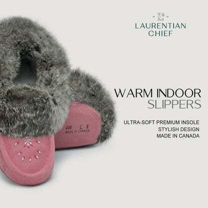 Laurentian Chief Moccasin Slippers for Woman - Orlon Beaded Slippers with Fur Trim and Padded Sole, Canada Quality Womens, Comfortable Stylish Indoor Moccasins for Women