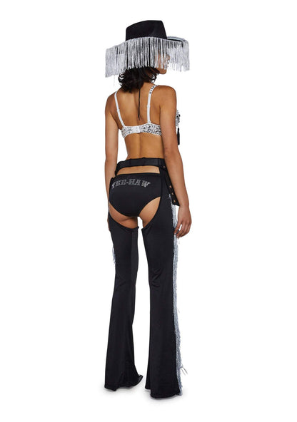 Dolls Kill Giddy Up Rhinestone Cowgirl Costume by Trickz N’ Treatz – Women’s Sequin Bra Top with Fringe Chaps & Hat, Black, Medium