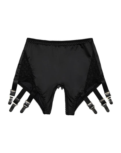 6-Strap Pull-On Satin Garter Panty with Metal Clips, Open-Crotch Design for Thigh-High Stockings (Black,3XL)