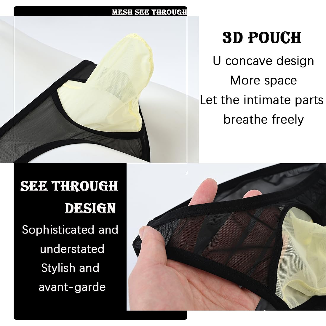 JINSHI Men's Sexy Mesh Breathable Briefs Low Rise See Through Underwear Black Multi 5Pack XL