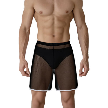 Men's Sparkly Sheer Mesh Boxer Shorts See Through Fishnet Underwear Trunks Lounge Pajama 1 Pack of Black XL