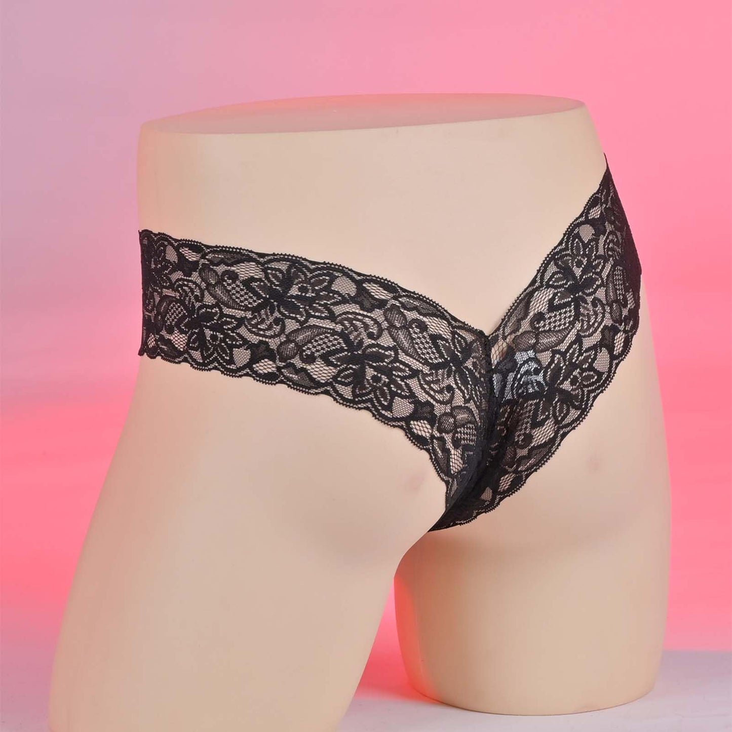 Femboy Men's Sissy Panties Sexy Tight Floral Lace Thong See Through Lingerie For Cross-dressers (Black-L)
