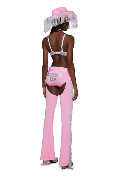 Dolls Kill Giddy Up Rhinestone Cowgirl Costume by Trickz N’ Treatz – Women’s Sequin Bra Top with Fringe Chaps & Hat, Pink, Medium