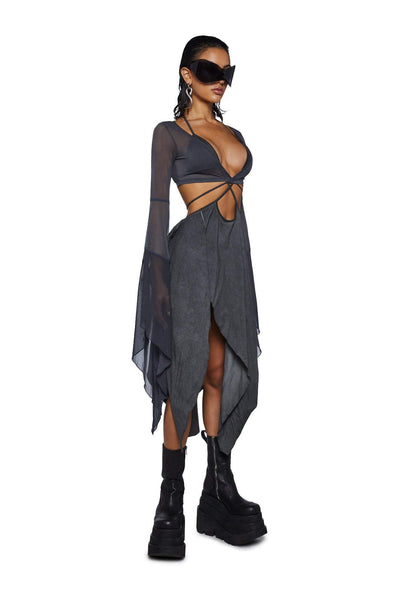 Dolls Kill Echo Asymmetrical Mesh Wrap Dress by Darker WAVS, Dark Gray, Large