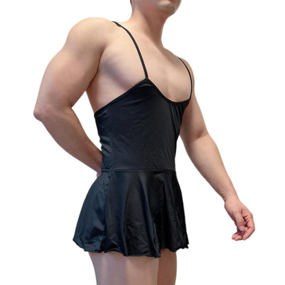 ABAFIP Men's Sexy Mini Dress Spaghetti Strap Scoop U Neck Backless Nightwear Sissy Lingerie Nightdress Black One Size