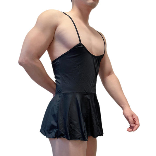 ABAFIP Men's Sexy Mini Dress Spaghetti Strap Scoop U Neck Backless Nightwear Sissy Lingerie Nightdress Black One Size