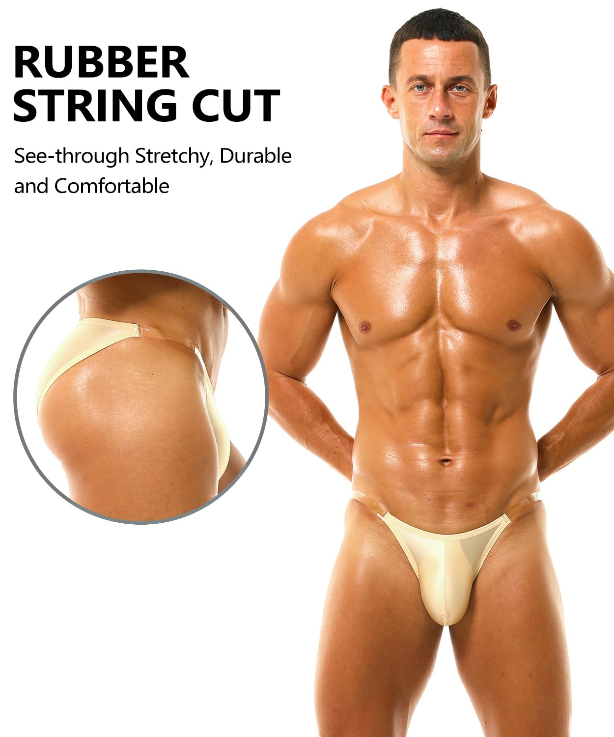 PAIZH Men's Sexy Ice Silk Bikini Low Rise Soft See-through String Cut Briefs Bulge Pouch Underwear Beige XL