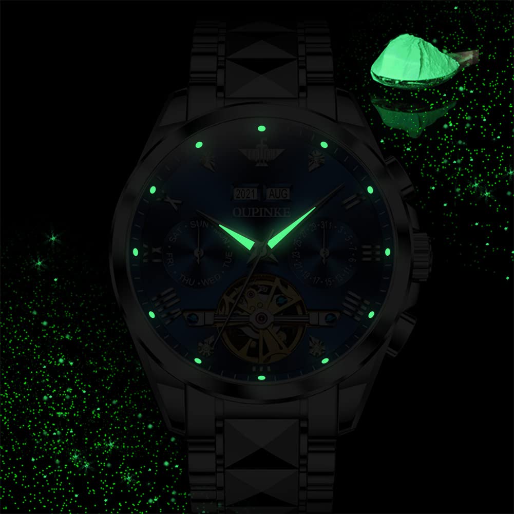 Men's Luxury Watch Automatic Mechanical Self Winding Sapphire Crystal Tungsten Stainless Steel Waterproof Two Tone Business Dress Watches (Blue)
