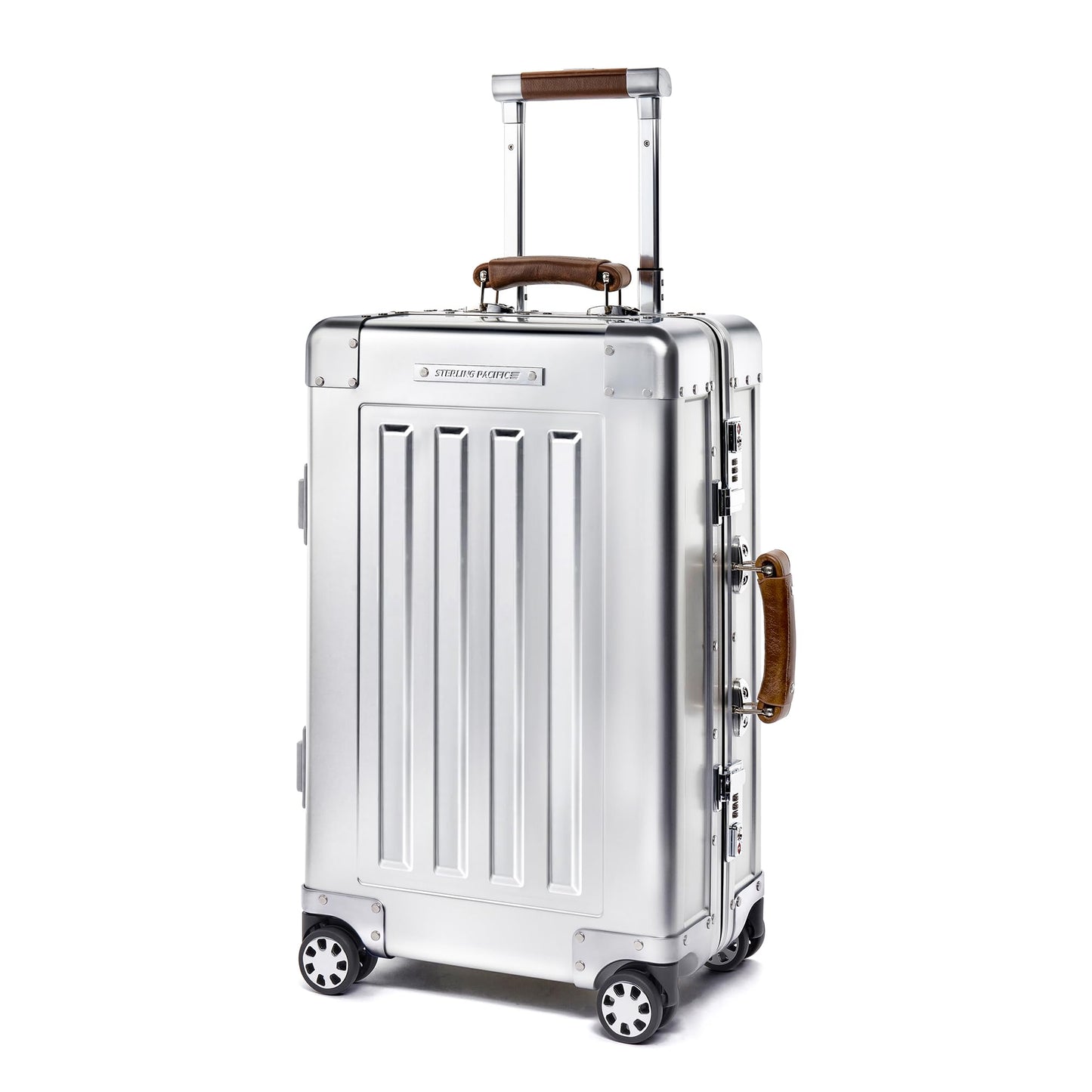 Sterling Pacific 40L Cabin Travel Case – Full Aluminum Four Wheel Carry On Luggage, Italian Leather Handles