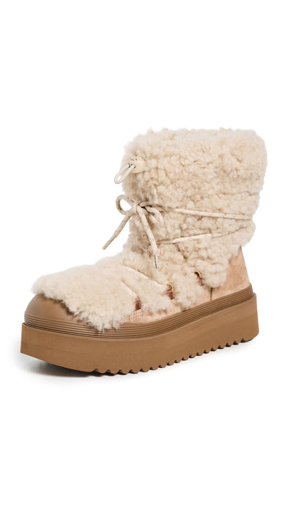 Tory Burch Women's Mellow Shearling Lace Up Boots, Buttermilk/Light Chestnut, 10 Medium US