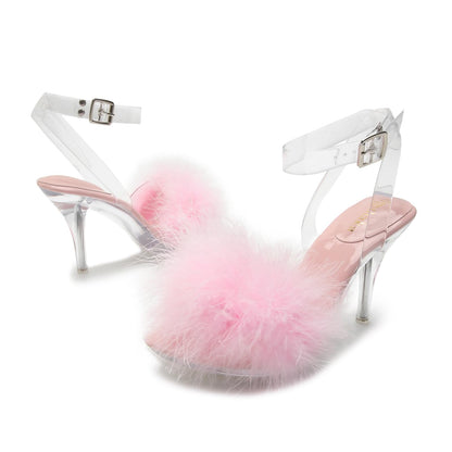 Femboy - Sissy -Fuzzy Clear Heels Ankle StrapStilettos Heels Mules Sandals Fluffy Feather Slip On High Heeled Party Prom Dresses ShoesPink-42 US10