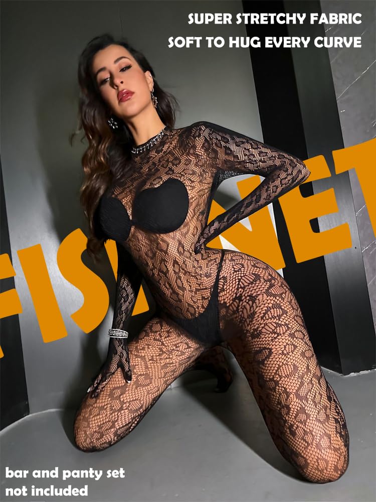 Koinus One Piece Black Fishnet Bodysuit Lingerie Bodystocking for Women full Body See Through Jumpsuit One Size